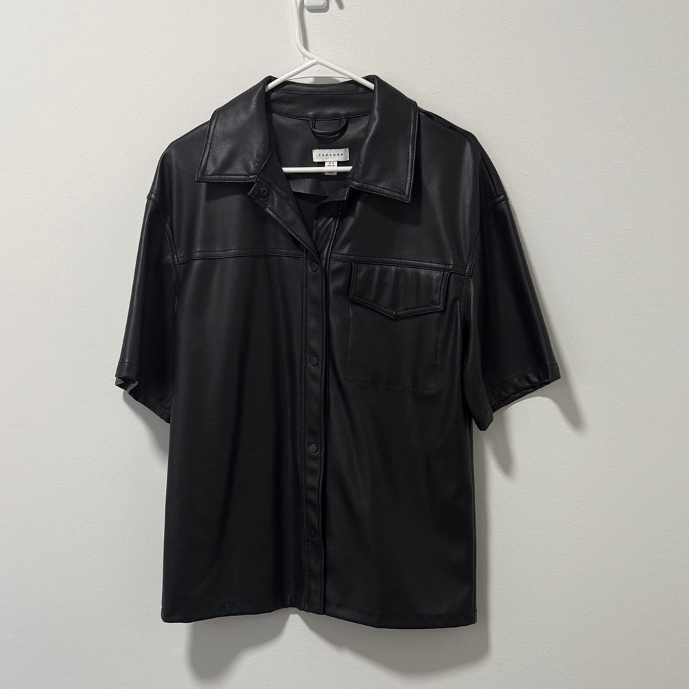 Topshop Black Faux Leather Button Down Shirt